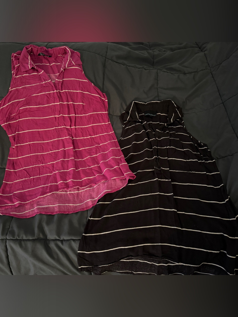 2pcs - Cynthia Rowley Pink & Black Striped Sleeveless Collared Tops